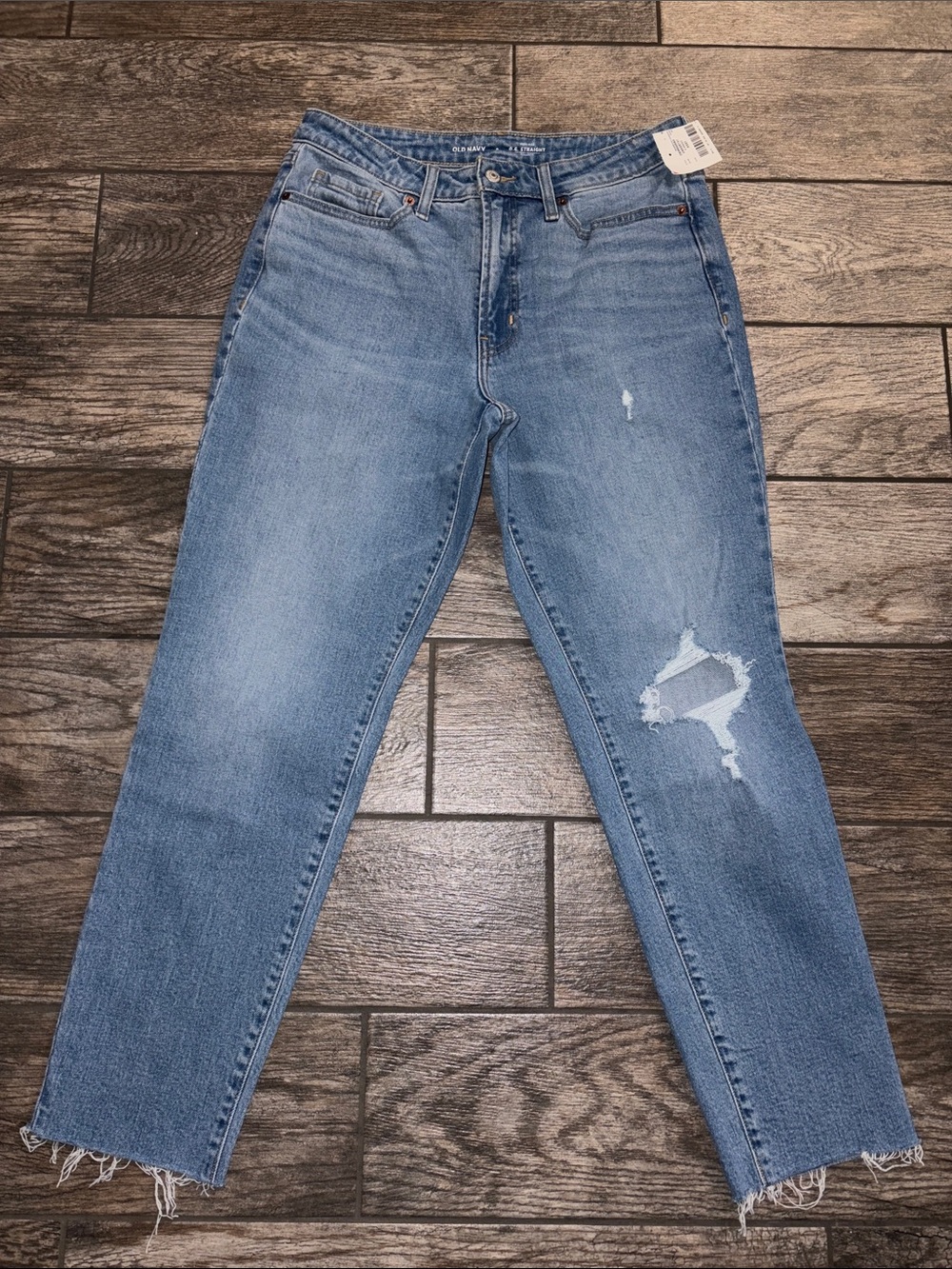 Old Navy Light Blue Straight Leg Jeans with Distressed Knee